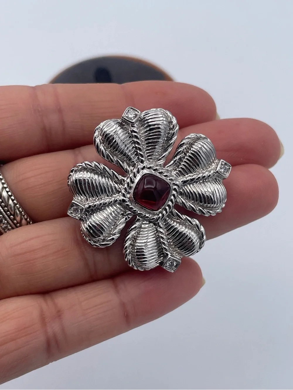 Judith Ripka Sterling Silver 925 Garnet CZ Floral Enhancer Pendant Brooch Pin